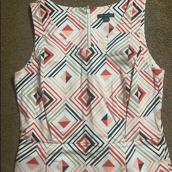 Tommy Hilfiger White Geometric Pattern Fit Flare Pleated Skirt Dress Women's 8 - Picture 2 of 4